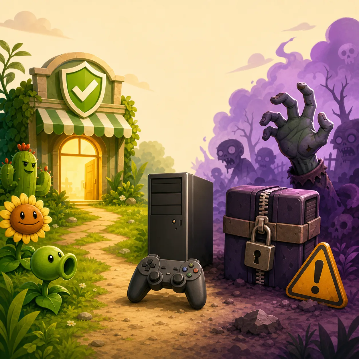 Editorial illustration showing an official store route beside a suspicious compressed archive