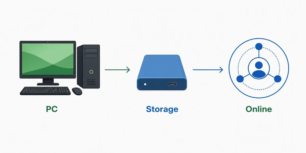Step-flow graphic for checking PC, storage, and online requirements before downloading