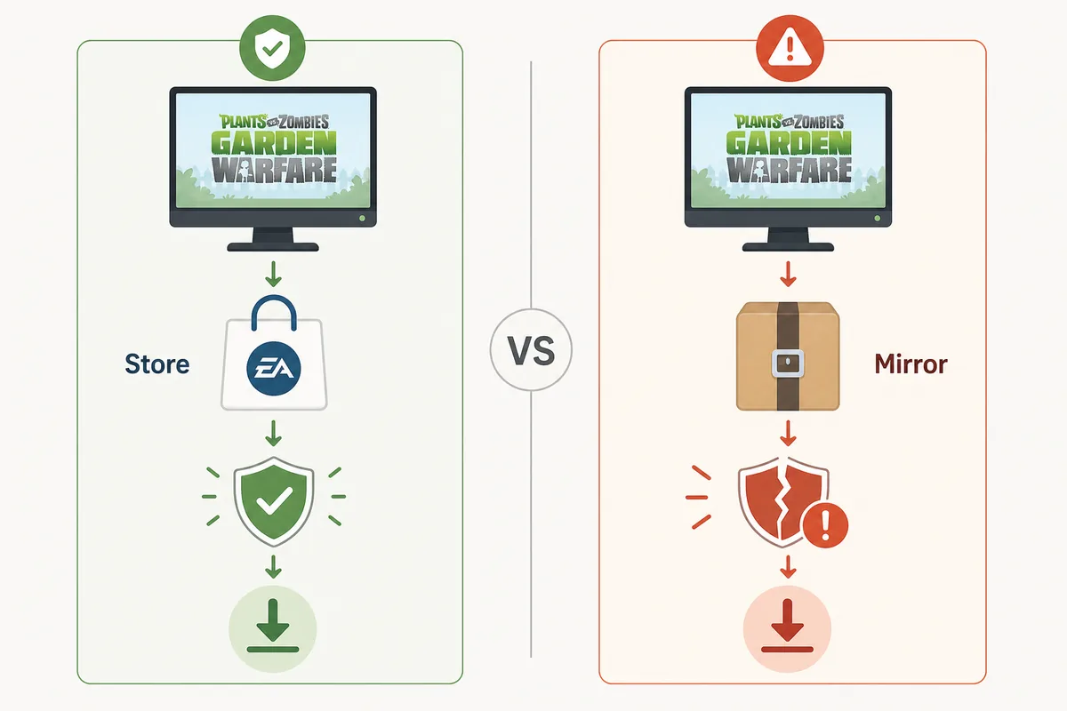 Comparison graphic showing official store route versus risky mirror download route