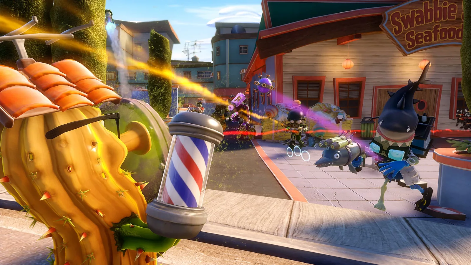 EA official Garden Warfare gameplay screenshot showing plants and zombies fighting in a town