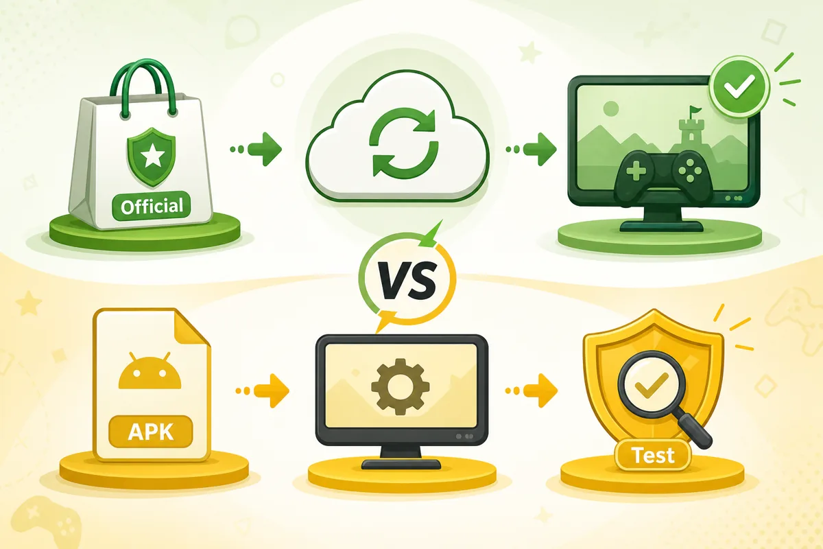 Illustration comparing official PvZ 2 store updates with a separate mod APK emulator test route