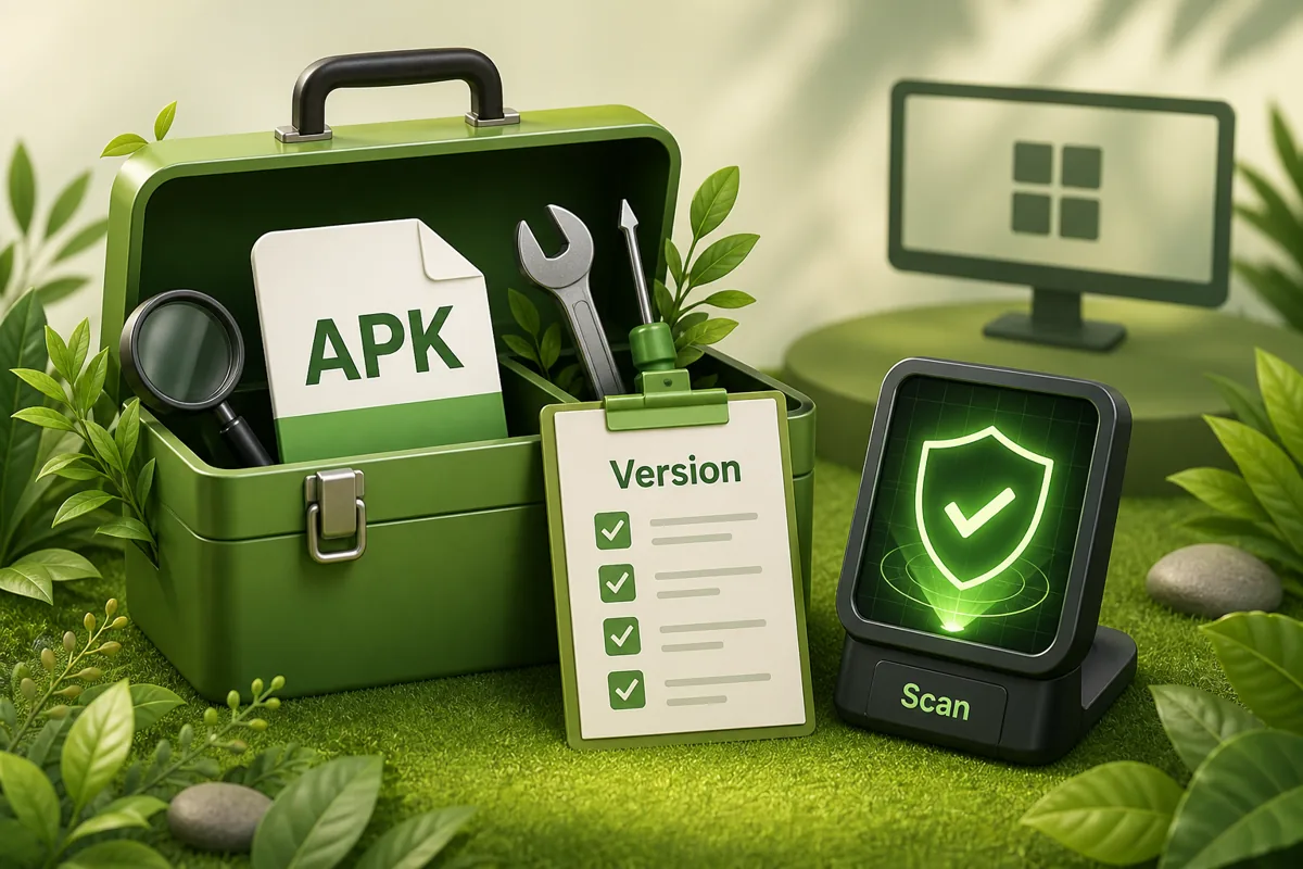 PvZ 2 Mod APK safety guide illustration with APK version and scan symbols