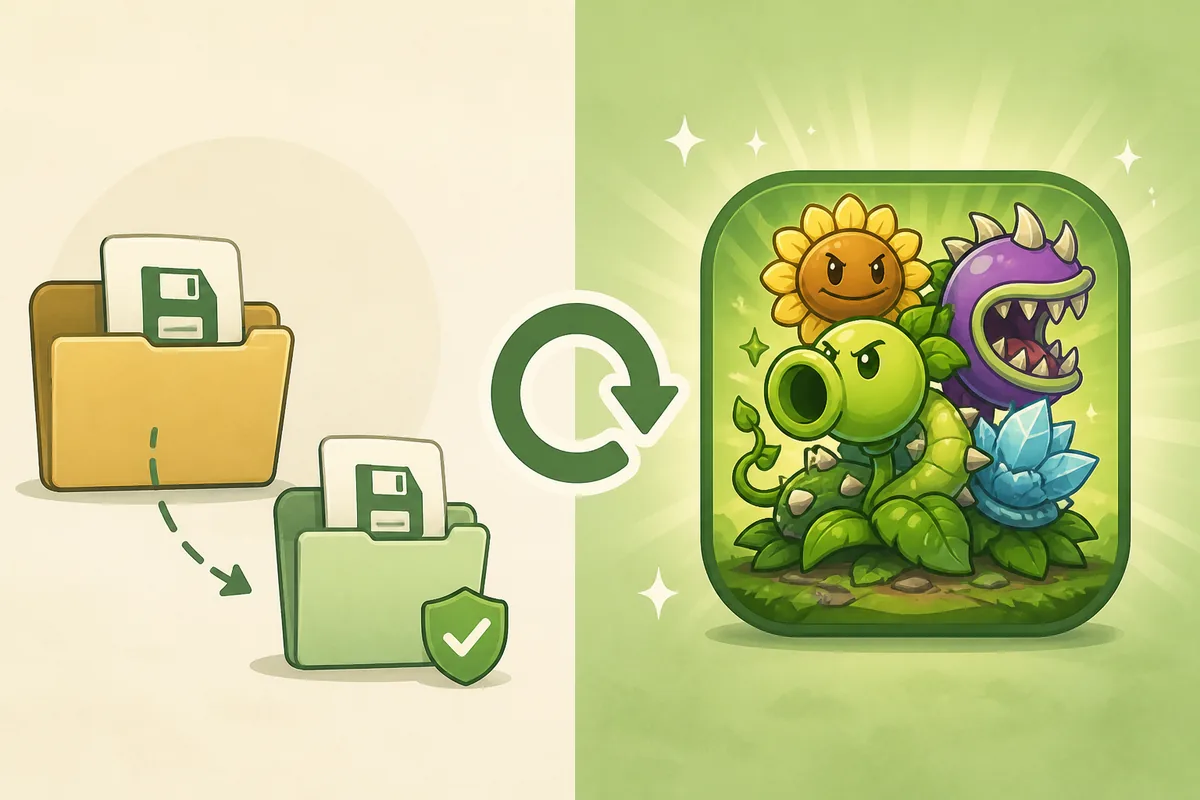 Editorial illustration showing a PvZ Fusion save copy protected before a game update