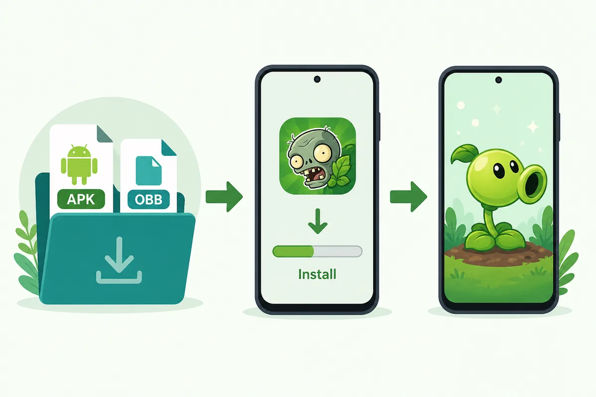 Illustration of the PvZ Reflourished APK and OBB install flow for Android