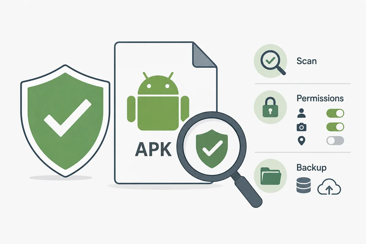 PvZ Reflourished APK safety checklist illustration with scan and permissions symbols