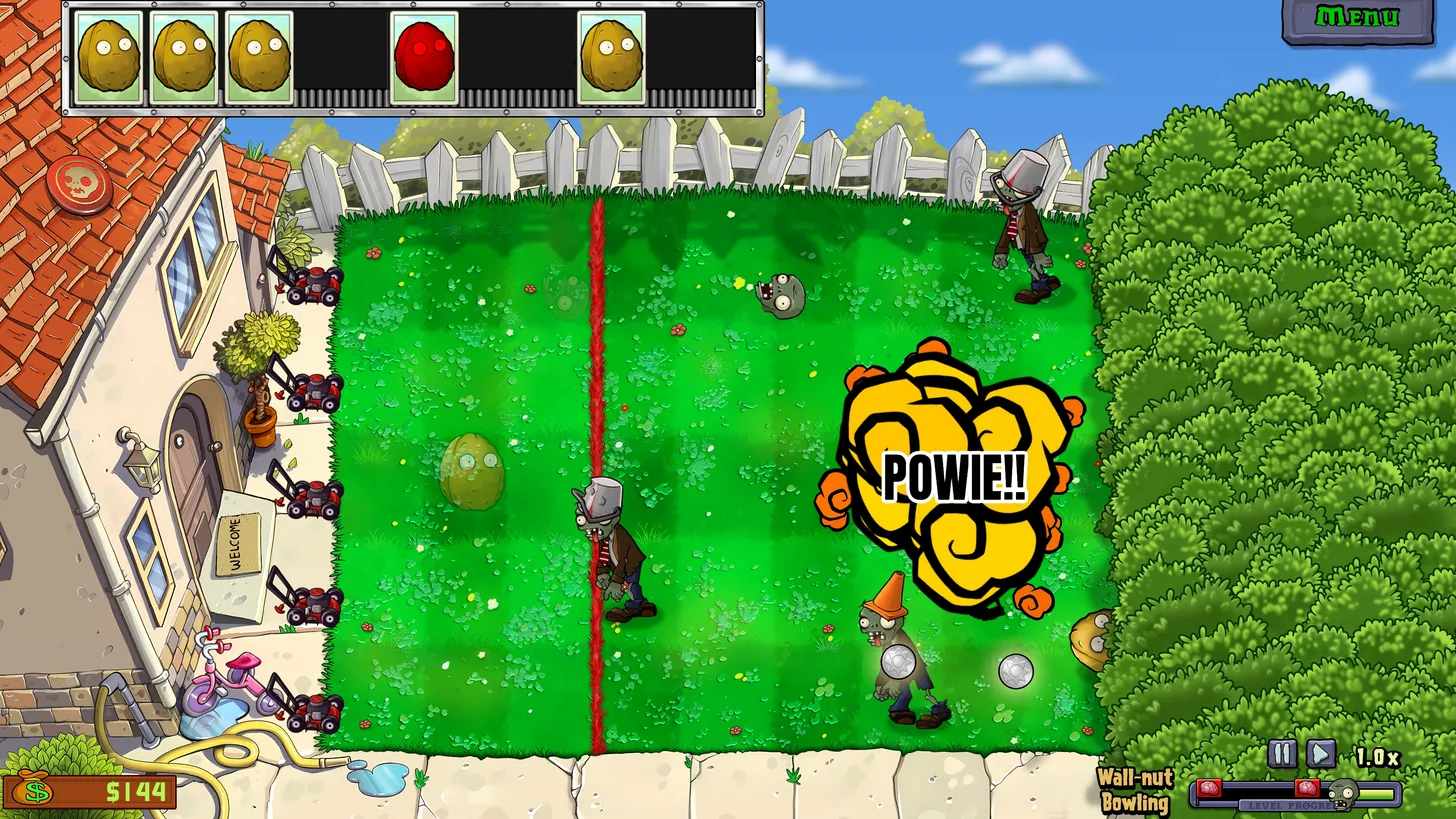Official PvZ Replanted Wall-nut Bowling gameplay screenshot with a bright lawn and game interface