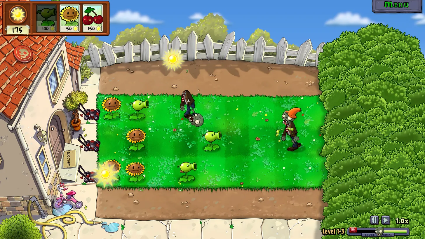 Official daytime PvZ Replanted gameplay screenshot showing plants, sun, and zombies on the lawn