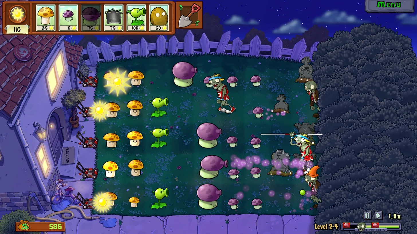 Official nighttime PvZ Replanted gameplay screenshot with mushrooms, plants, and zombies
