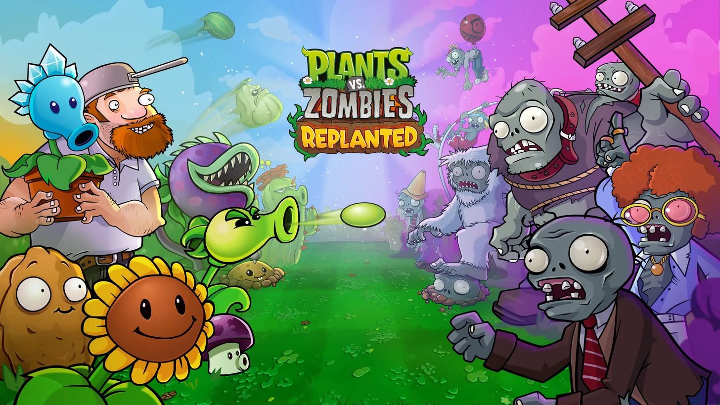 Official Plants vs Zombies Replanted key art with plants and zombies facing across a lawn
