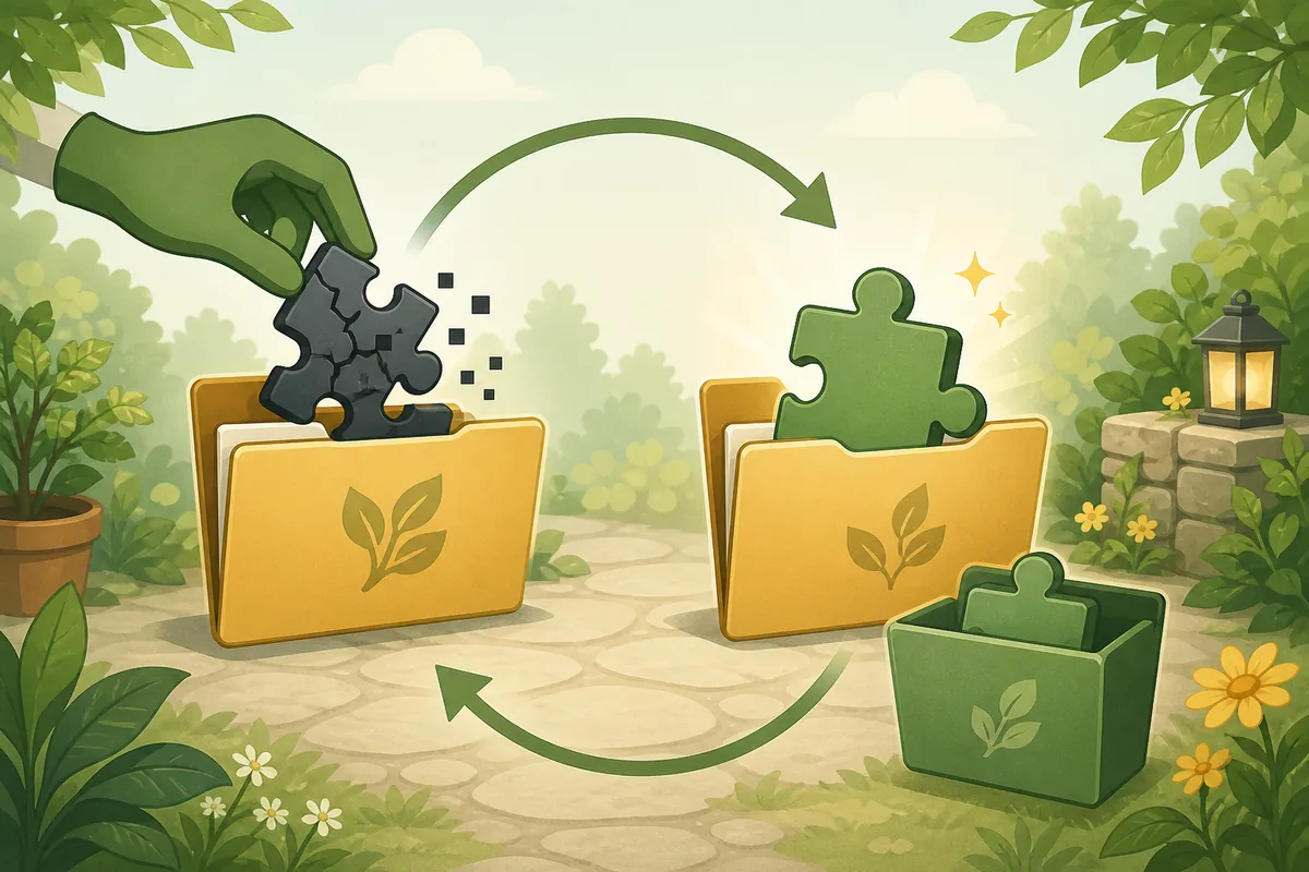 Editorial illustration of removing a broken mod and restoring a clean backup